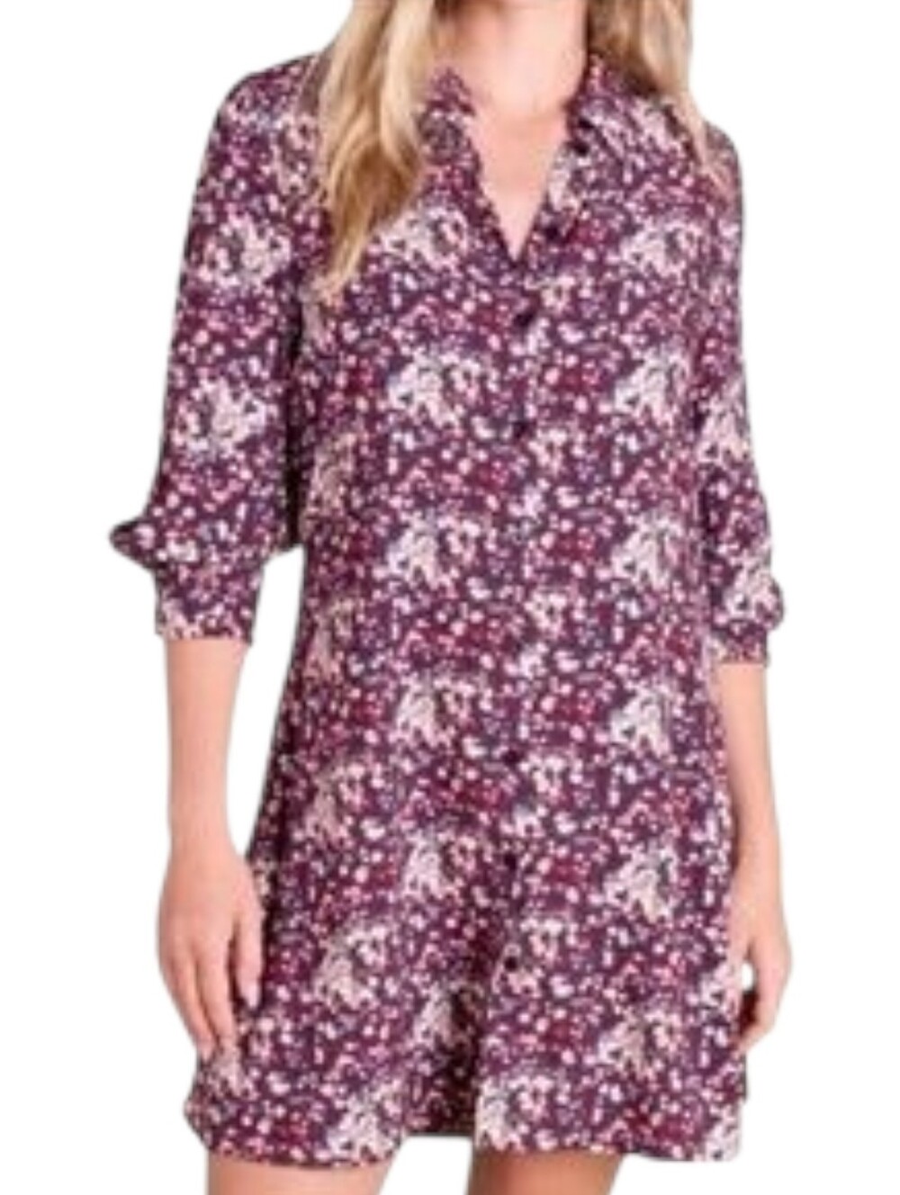 Natural Life Twiggy Mini Shirtdress In Burgundy Floral Size XS Long Sleeve
